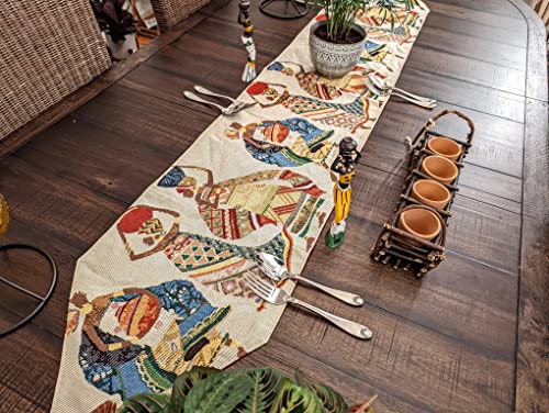 Dada Bedding Elegant Tapestry Table Runner - Dancing Women Festive Celebrate Kwanzaa African Ethnic Culture - Multi-Colorful Cotton Linen Woven Kitchen Dining Mats - 13" X 54" #TOP5