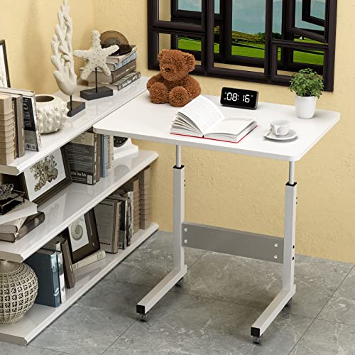 Scrivania con Ruote 60x40cm, Tavolino Regolabile in Altezza 62-90cm, Scrivania Pieghevole per Divano/Letto, Tavolino da Laptop Scrivania Mobile, Scrivania per Divano, Letto, Ufficio (bianco)