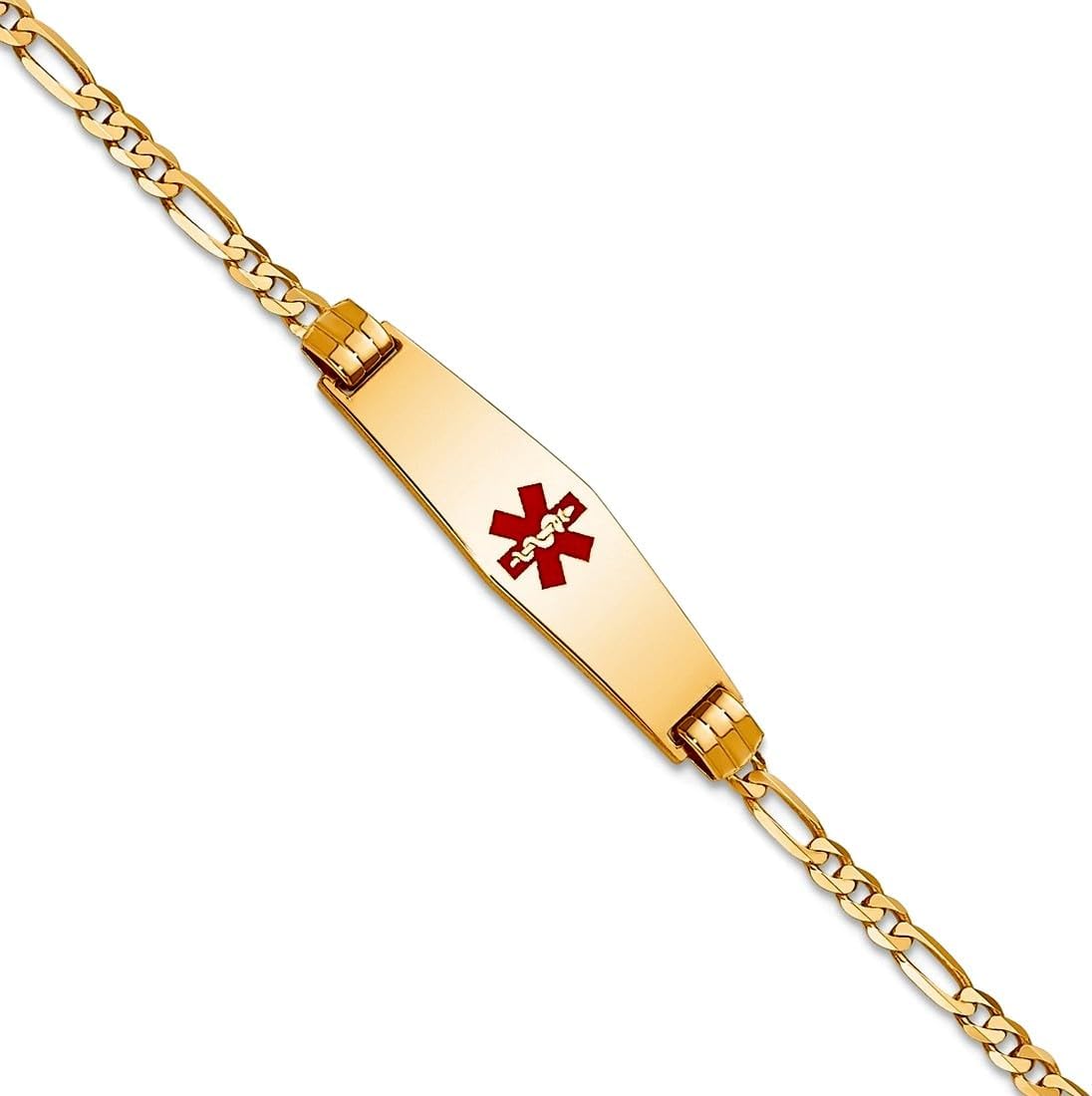 JewelryWeb 7.5mm 14k Solid Yellow Gold Medical Soft Diamond Shape Red Enamel Figaro ID Bracelet Identification Bracelet for Women