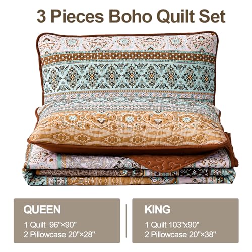 WONGS BEDDING Boho Fall Queen Quilt Set, Brown Bohemian Queen Quilt Bedding Set, Lightweight Microfiber Bed Decor Bedspread for All Season 96"x90"(3 Pieces) - Image 7