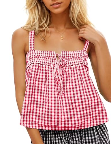 Women Cute Tie Front Plaid Crop Tank Tops Square Neck Sleeveless Gingham Camisole Tops Summer Backless Cropped Vest