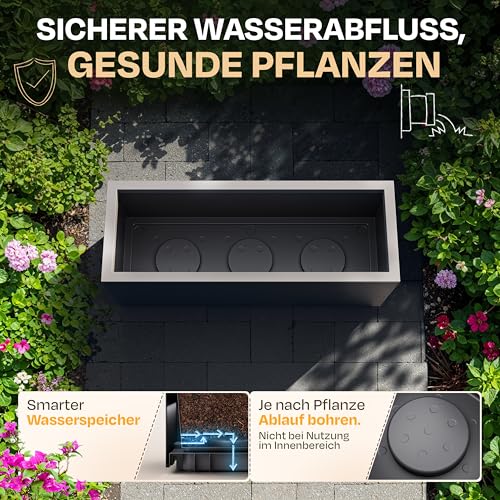 Ondis24 Pflanzkübel Vulkan, 57L Pflanzvolumen, rechteckig, Blumenkasten mit Wasserspeicher, Balkon Terrasse, Blumenkübel (Anthrazit)