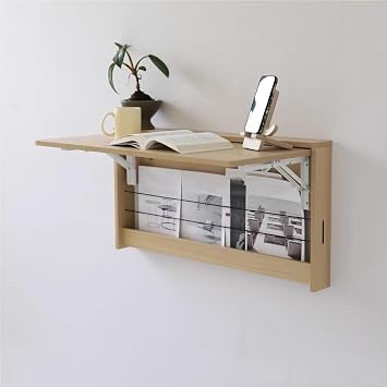 Multifunctional Floating Computer Table, Foldable Desk with Shelves, Space Saving Nightstand, Wall Mounted Dressing Table for Bedroom, StudyNatural