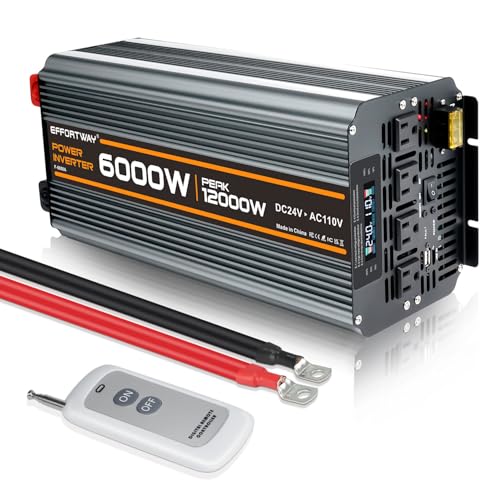 Image of EFFORTWAY Power Inverter DC 24V to AC 110V/120V Converter with LCD Display Wireless Controller, Cable Pair,AC outlets USB.RV Travel,Suitable for Camping,and Off-Grid Solar Systems (6000w-24v)