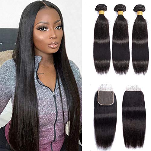 Mariska 10A Straight Human Hair Bundles with Closure Brazilian Hair Straight Bundles 100% Unprocessed Human Hair 3 Bundles with Closure for Black Women (16 18 20+14, Straight bundles with closure)