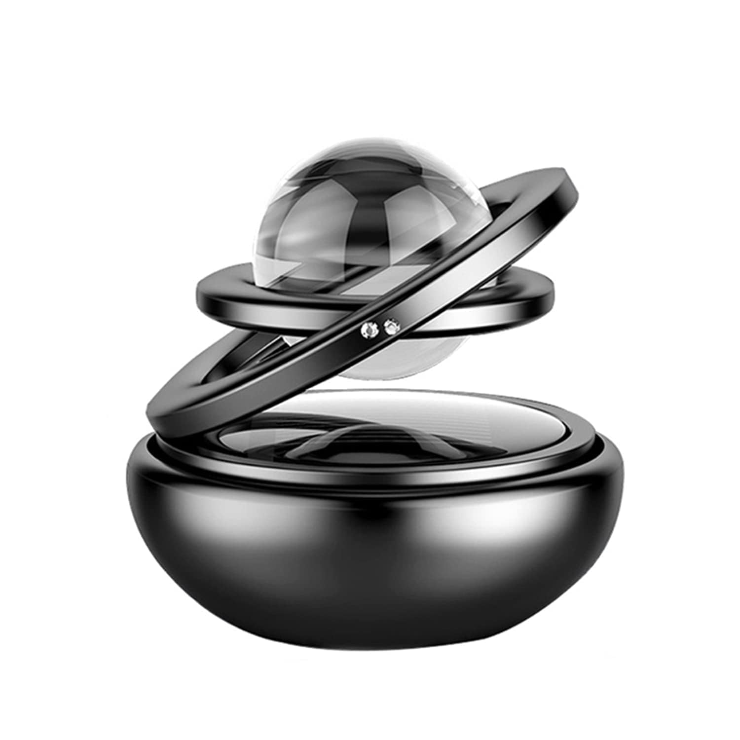 Solar Crystal Double Ring Car Air Freshener, Black | Auto Rotating Dashboard Perfume, Solar Powered Aromatherapy Diffuser, Elegant Car Interior Decoration-image-3