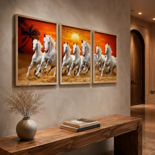 Image of Livin'luxe Set of 3 White Running Horse Sunset Wall Paintings for Living Room Bedroom Home Decor with Premium Wooden Color Synthetic Frame (25.5 x 19.5 Inch) NM03-95