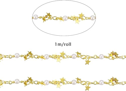 Miniatura 2 de LiQunSweet Cadenas de eslabones de estrellas hechas a mano con cuentas de latón con dijes de latón, perlas de imitación de vidrio y carrete para
