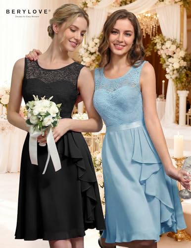 Image of BeryLove Womens Boat Neck A Line Sleeveless Lace Formal Homecoming Dress | Short Dress With Ruffle Hem, Sparkly Design Ideal For Wedding Guest,Bridesmaid Cocktail Prom & Evening Party Events