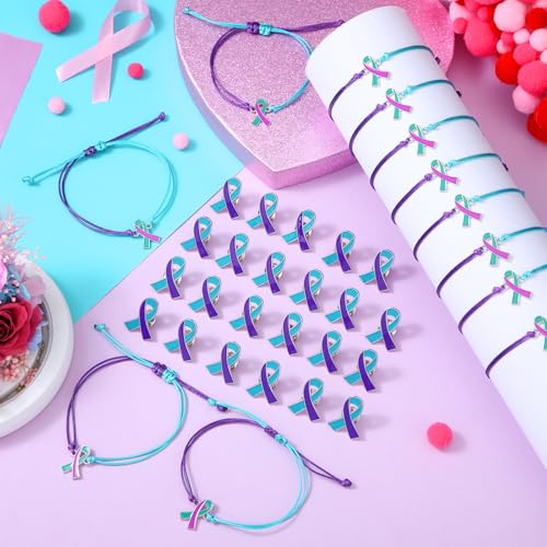 50 Pcs Suicide Awareness Bracelets Pin Set 25 Suicide Prevention Awareness Bracelets and 25 Teal and Purple Ribbon Pin Adjustable Wristband for Women Men Jewelry Accessories2