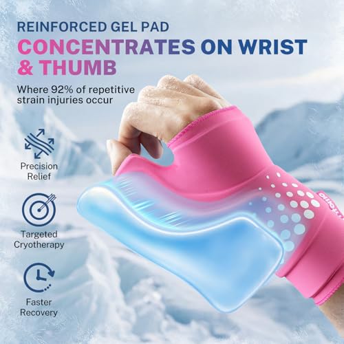 Image of Thumb & Wrist Ice Pack Wrap, Thickened Ice Gel Pad, Ergonomic Fit, Long Lasting Cold & Warm for Carpal Tunnel Relief, Arthritis, Computer Overuse Injuries, Post-Surgery, Post-Workout, Pink, Size S /M