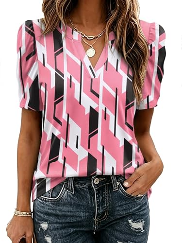 Image of Zeagoo Women Blouses Puff Short Sleeve Tops V Neck Dressy Casual Spring Shirts Boho Floral Cute Clothes 2026