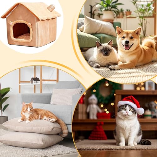 Cama para gatos lavable con cojín extraíble y capucha para cachorros en interior 5