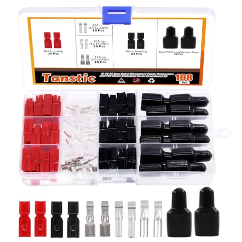 Tanstic 108Pcs 15/30/45 Amp Quick Disconnect Power Terminals Connectors, Red Black Housing Contacts and Cover Quick Connect Battery Connector Modular Power Connectors Set