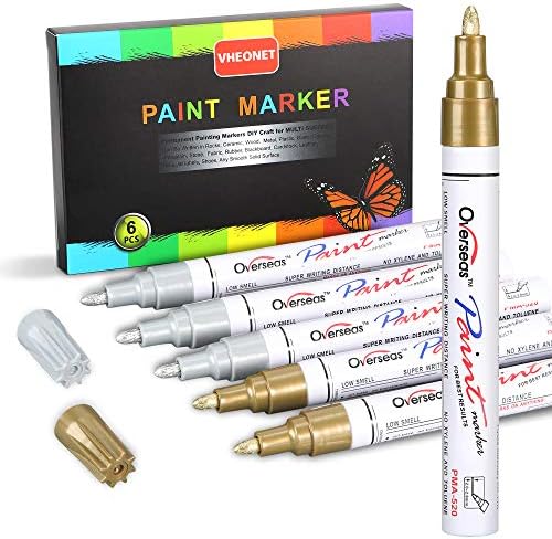 Paint Pen 3 Gold & 3 Silver Metallic Permanent Acrylic Markers Set for Fabric Glass Plastic Rock Wood Ceramic Leather Tire Painting, Medium Tip Fast Drying, Water Resistant Ink