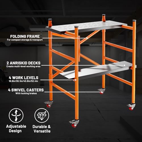 biosp Rolling Steel Scaffolding Platform, 800lbs Load Capacity Multi-Purpose 4.5 ft Work Height Scaffold Tower with Locking Wheels & 2 Decks, Portable & Adjustable Scaffolding Ladder, Orange - Thumbnail 3
