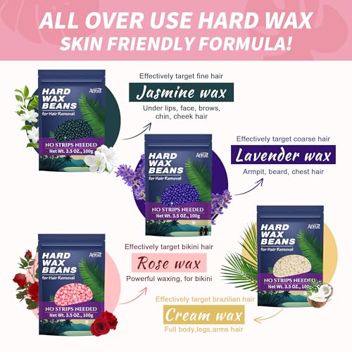 Image of Anruz Waxing Kit for Women Men, 500ML Wax Warmer Kit with Silicone Bowl, 4 Bags Hard Wax Beads and 40 Sticks, Hair Removal Wax Kit for Brazilian Bikini, Face, Eyebrow, Nose, Sensitive Skin, Pink