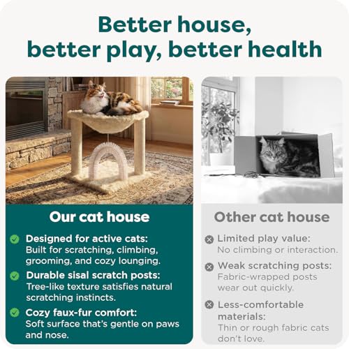 Image of FurHaven 17.3 inch Tall Cat Scratching Post Tower for Indoor Cats, Sisal Cat Tree, Tiger Tough Hammock Interactive Playground, Toys & Perches for Cats, Sisal, Cream