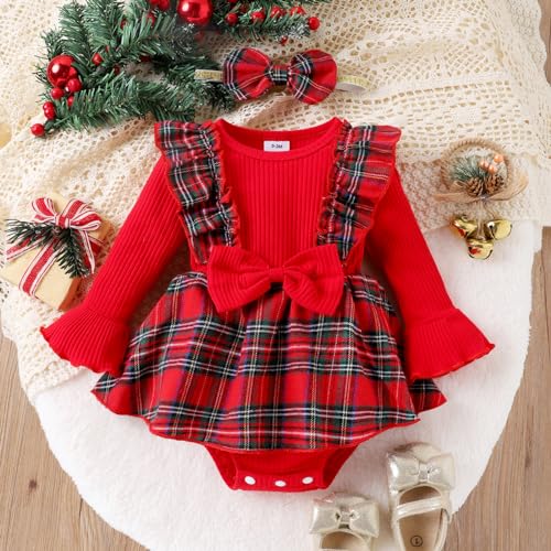 Newborn Christmas Outfit Baby Girl Plaid Romper Dress Infant Ruffle Long Sleeve Ribbed Bodysuit Headband Clothes2