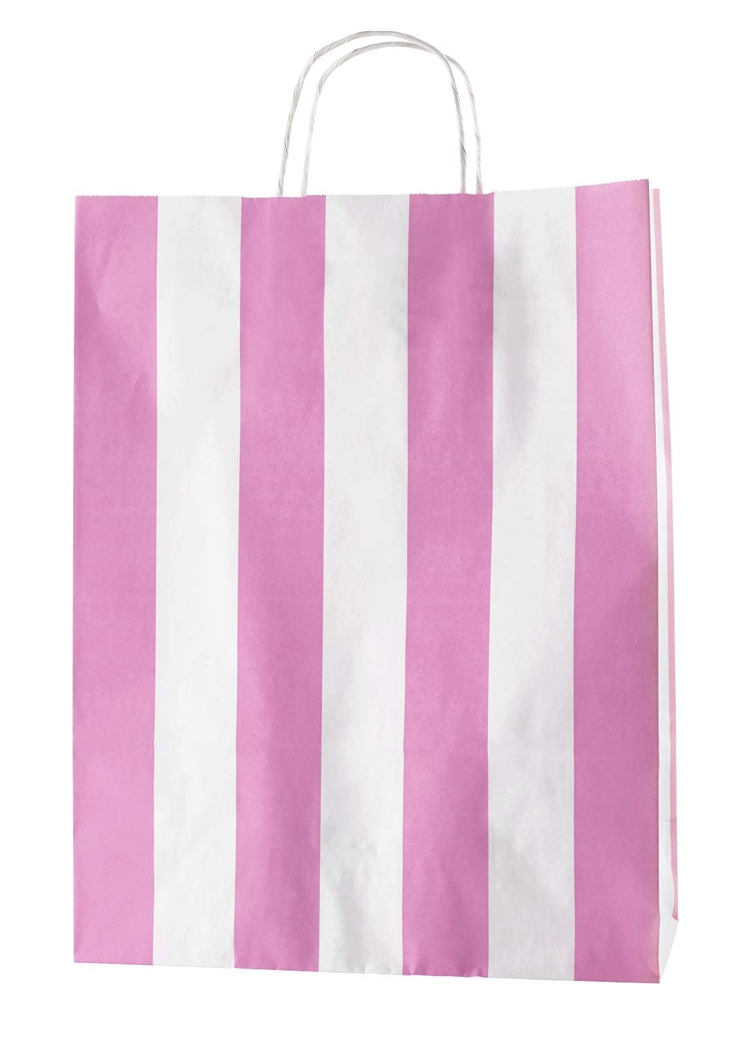 Thepaperbagstore 200 Light Pink/White Stripe Paper Bags With Handles - Colourful Paper Gift Bags for Adults and Kids - Paper Carrier Bags for Shopping, Party, Birthdays and Weddings 32x12x41cm