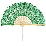 choyaxo Cotton Lace Folding Hand Fans Embroidered Flowers Pattern Handheld Fans for Costume Weddings Dancing Party DIY Bridal Hand Fan (Green)