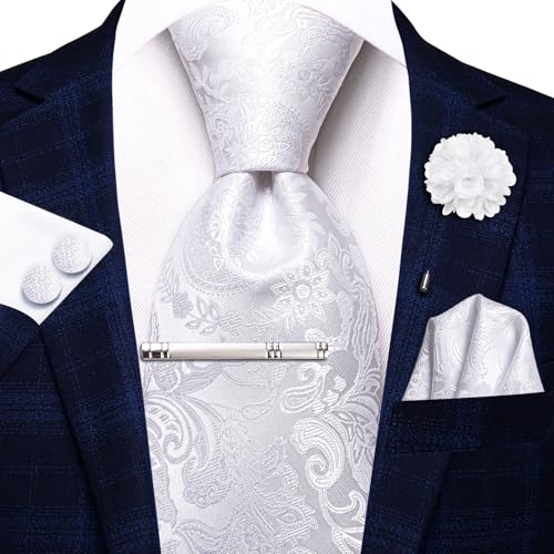 Image of Hi-Tie White Solid Ties for Men Floral Jacquard Necktie and Pocket Square Lapel Pin Silver Tie Clip Cufflinks Set Wedding Business 6PCS