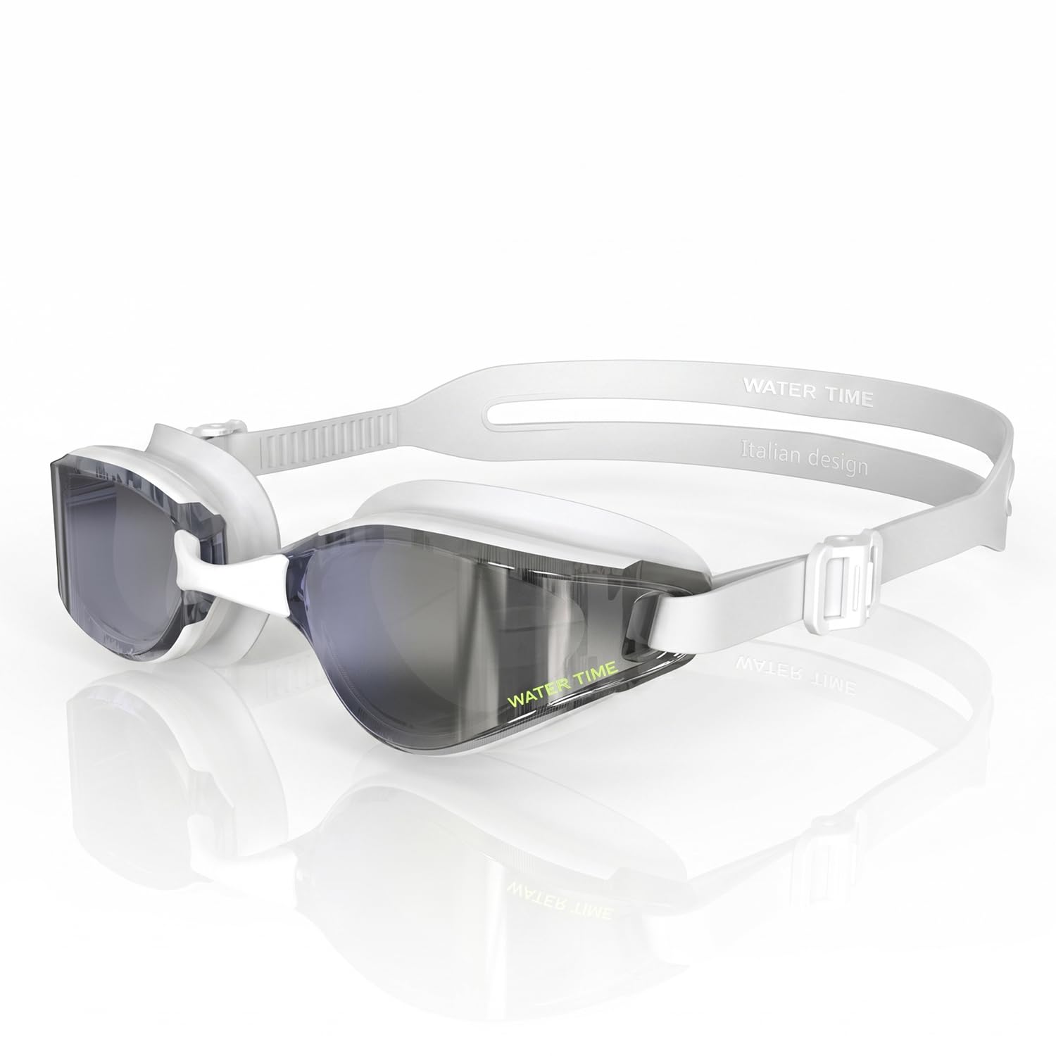 WATER TIME Racing Swim Goggles – Plasma Anti-Fog, REVO Mirror, Spherical Wide View, Leak-Proof Seal for Men & Women, White