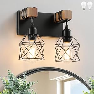 Farmhouse Vanity Light Fixture2 Light Bathroom LightingBlack Industrial Wood Wall Light Over Mirror with Metal ShadeLED Bulbs Included