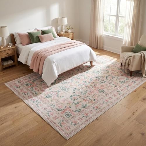 Tapete rectangular Boho 10x8 pies lavable rosa miniatura 6