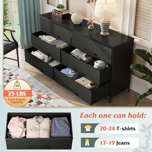 image for WLIVE Wide Fabric Dresser, 6 Drawer Dresser TV Stand for 68