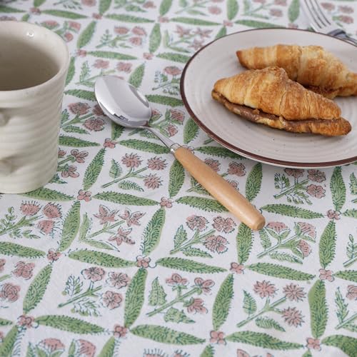 Labhanshi Indian Handblock Print Floral Cotton Rectangle 72x135 Inch 10-Seater Dining Tablecloth|Washable Mother's Day St. Patrick Picnic Outdoor Camping Festive Holiday Table Cover|Green Pink by Labhanshi - Used condition - Image 5