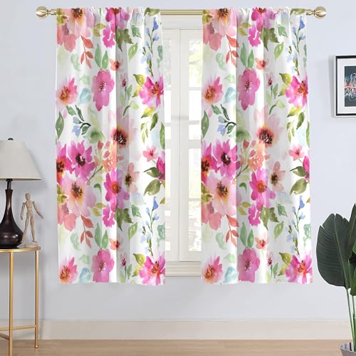 Aatter Pink Floral Window Curtain Colorful Flowers Spring Kids Girls Women Boho White Green Blue Plant Botanical Leaf Living Room Bedroom Window Drapes Treatment Fabric 1 Pair cover