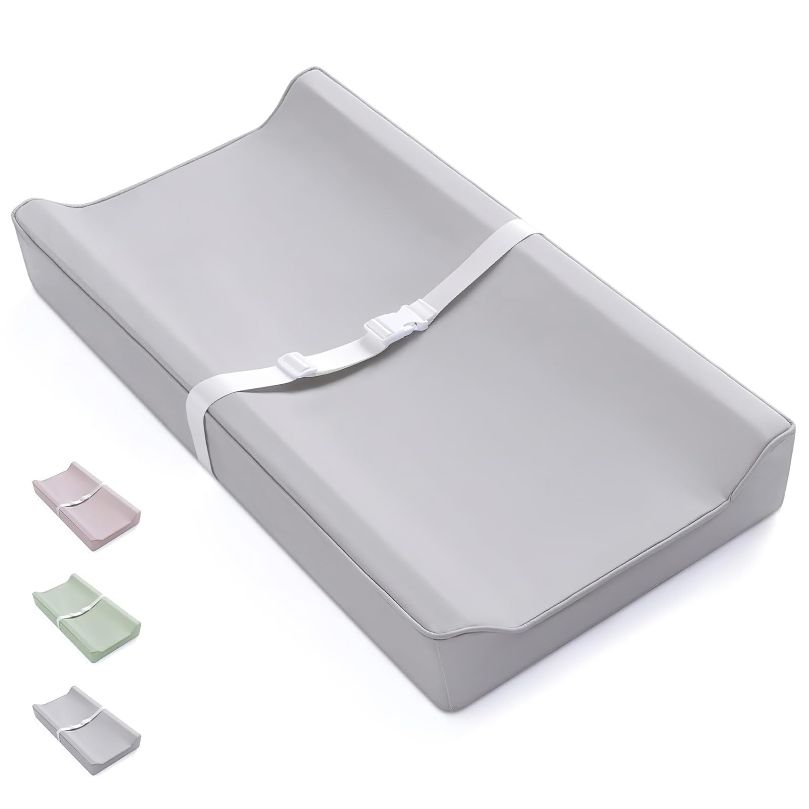 80 * 40 * 10CM Deluxe Anti-Roll Wedge Nappy Baby Changing Mat with Wipe-Clean PU Cover, Curved Sides and Raised Edge,Adjustable Safety Belt, Non-Slip, from Birth Upwards (Grey)