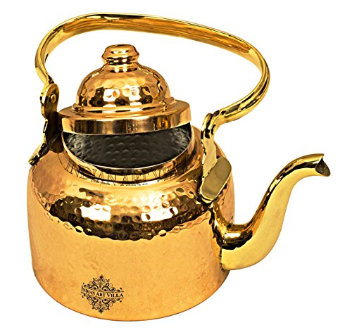 INDIAN ART VILLA Hammered Designer Brass Tea Kettle Pot Inside Tin Lining, Serving Tea Coffee, Tableware, 1300ml Gold - Image 3