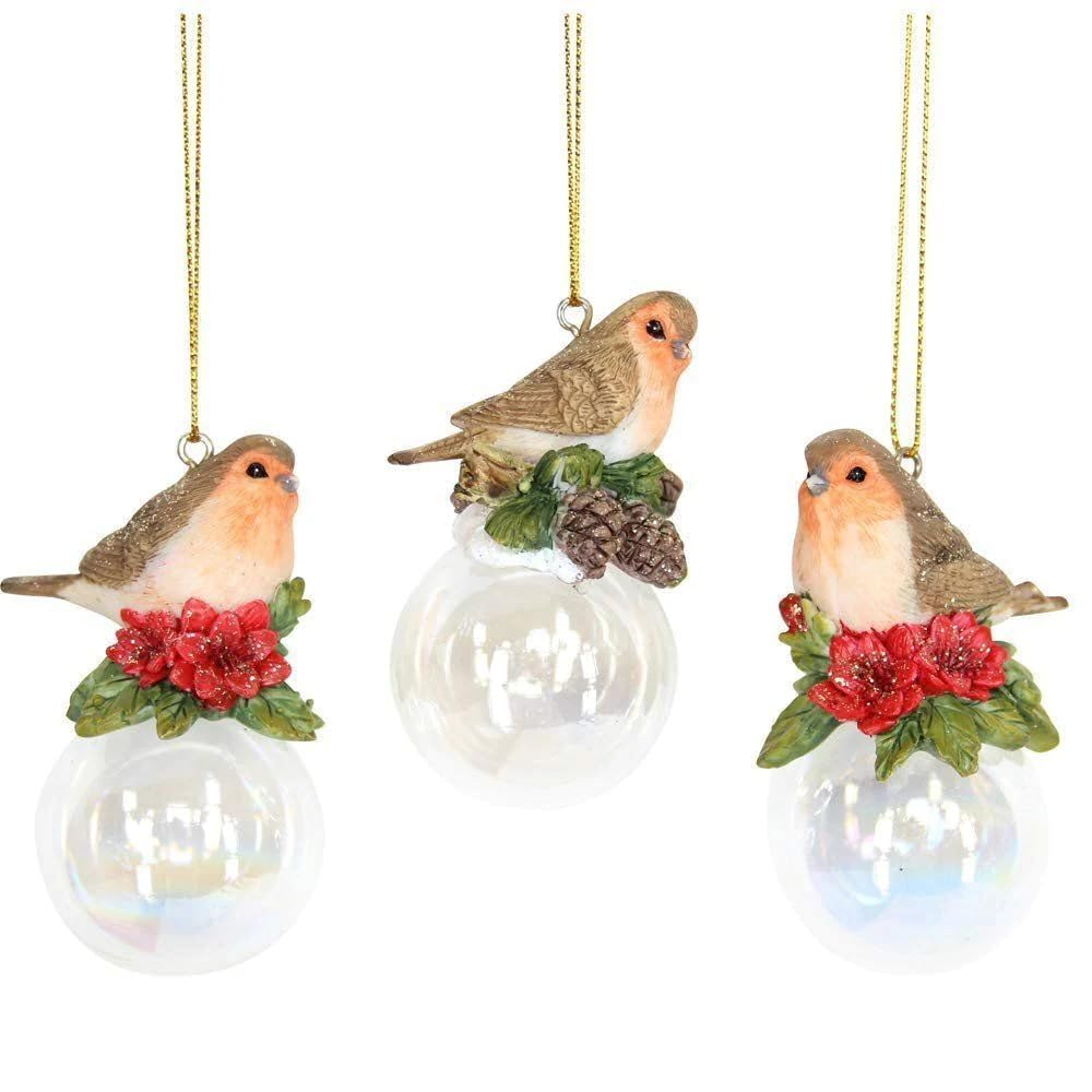 Gisela Graham Red Set Of 3 Resin Robins On A Soap Bubble Hanging Christmas Tree Decorations
