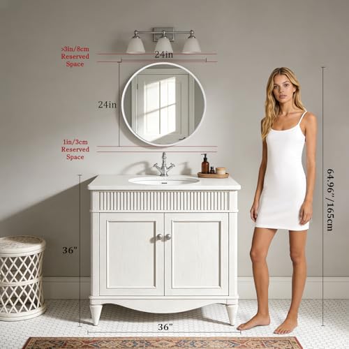 Image of WallBeyond Round Wood Mirror 24 inch Circle Wall Mirror for Bathroom Round Wall Mirror for Wall Decor, Vanity, Entryway Living Room (White)