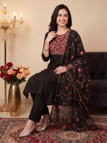 Image of INDO ERA Women's Silk Blend Floral Embroidered Thread Work Straight Kurta & Pant with Dupatta Set | Kurti Set
