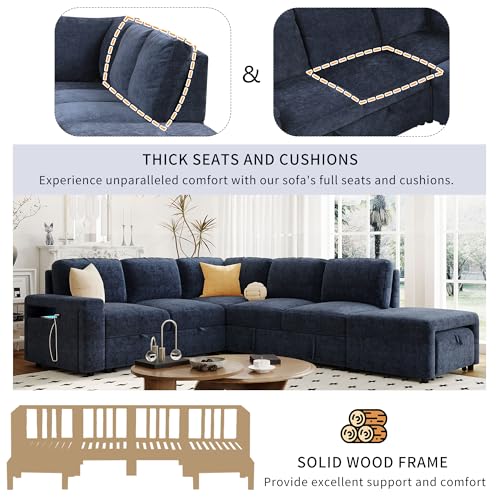 Image of Merax L-Shaped Modular Sectional Sofa with Removable Storage Ottoman, USB Ports and Cup Holder, 6-Seats Upholstered Couch & Armrest, Free Combination Indoor Furniture for Living Room, Apartments, Blue
