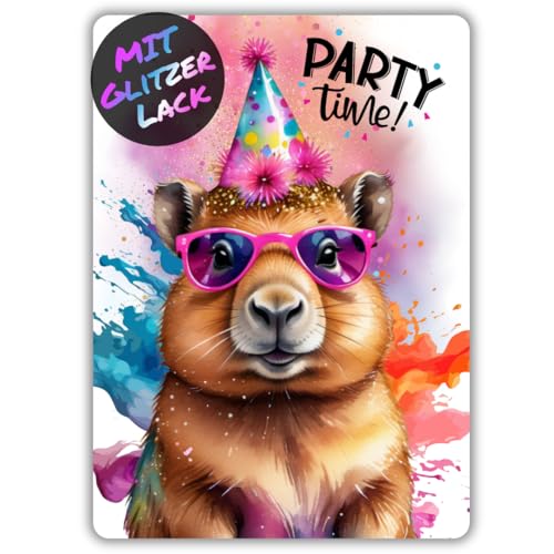 celebr8te 12x Party Capybara Glitzer Einladungskarten - Teenager Kindergeburtstag Jungen & Mädchen - coole Tier Geburtstagseinladungen inkl. Messenger Bild & Urlaubsgutschein