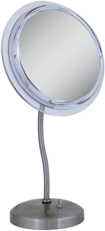 Zadro SL47 Fluorescent Lighted Pedestal Makeup Mirror, showing the round mirror head, flexible neck, and satin nickel base with a power switch.