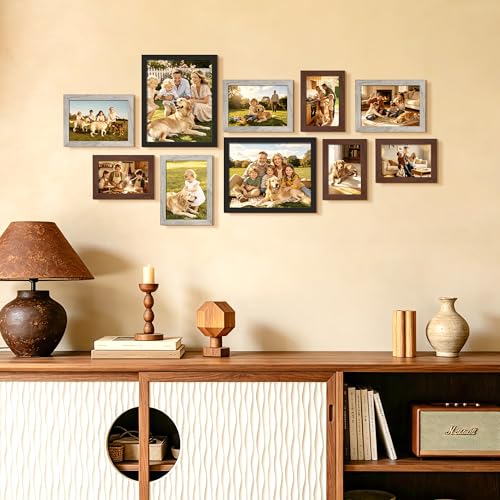 Image of upsimples Picture Frames Set of 10, Including 8x10, 5x7, 4x6 Rustic Frame | Black Brown Gray Multi Picture Frames Collage Wall Decor , Gallery Wall Frame Set, Gift For Christmas, Mothers' day, Wedding