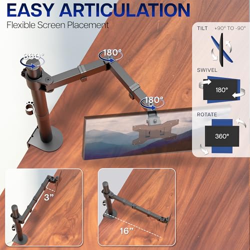 Image of VIVO Single 13 to 38 inch Ultrawide Monitor Arm Desk Mount, Regular Screens up to 32 inches, 22 lbs capacity, Fully Adjustable Stand with C-Clamp and Grommet Base, Black, STAND-V001