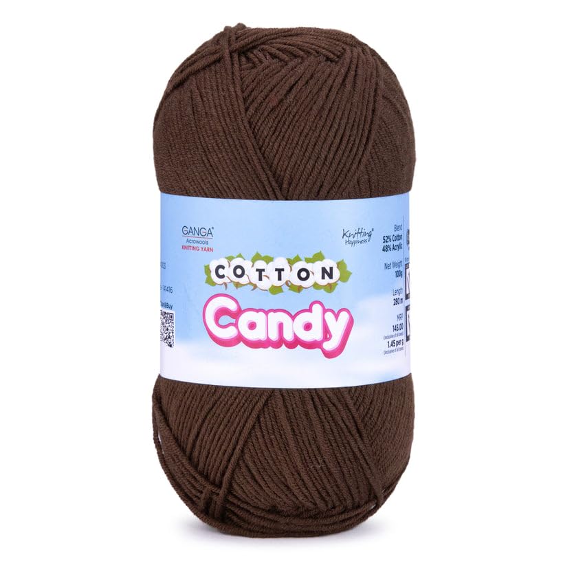 Image of Ganga Acrowools Cotton Candy Yarn - Soft Premium Cotton Blend Wool for Knitting & Crochet | Lightweight, Smooth Texture, Pastel Shades, 100gm Ball (CCY008 -Roman Coffee)