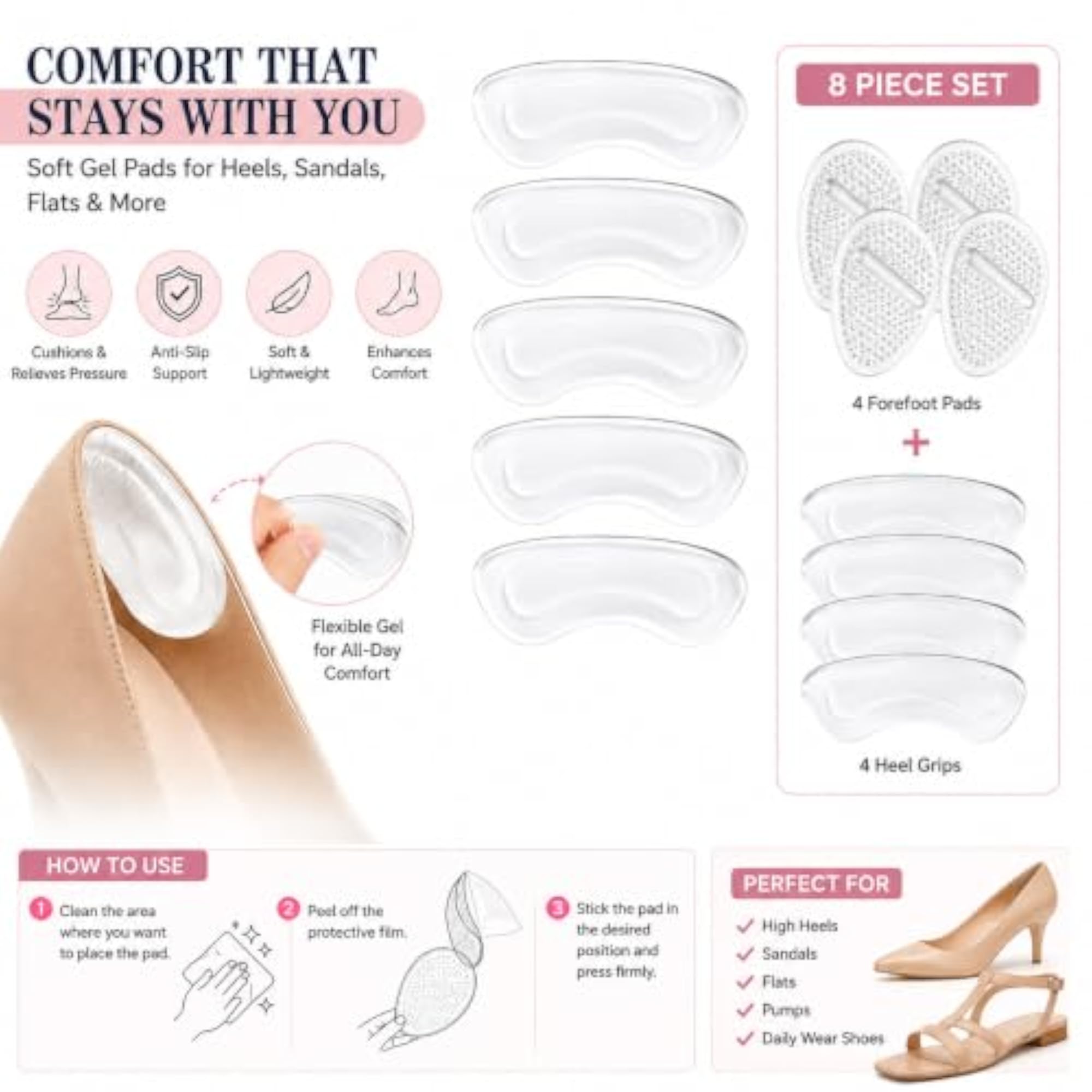 (2Pair) Anti-Slip Foot Comfort Inserts for Sandals and Heels