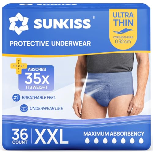 SUNKISS Pañales Adultos Hombre Tipo Pants Ultrafinos, Ropa Interior Desechable Absorbente, Incontinencia Moderada, Absorción Rápida, Azul, Talla XXL, 36 Unidades