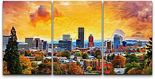 wall26 - 3 Piece Canvas Wall Art - Portland Oregon Downtown City During Sunset in The Fall Season Abtract Painting - Modern Home Art Stretched and Framed Ready to Hang - 24"x36"x3 Panels