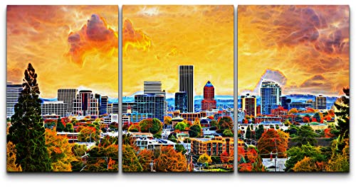 Wall26 - 3 Piece Canvas Wall Art - Portland Oregon Downtown City During Sunset In The Fall Season Abtract Painting - Modern Home Art Stretched And Framed Ready To Hang - 24"X36"X3 Panels #TOP12