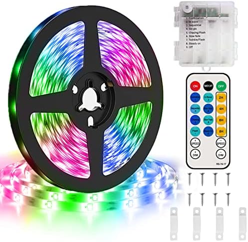 CCILAND 16.4ft/5m LED Strip Lights Battery Powered 150 LEDs RGB Tape Lights Strip with Remote, 8 Modes, Timer, Dimmable, Waterproof, Self-Adhesive LED Lights for Dorm Room Cabinet(Multicolor)