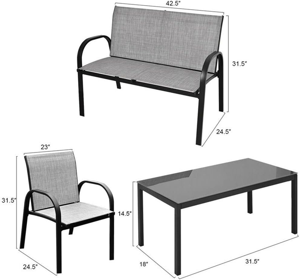 Pemberly Row 4-Piece Steel Patio Furniture Set, Gray Finish, Includes Loveseat, 2 Chairs, Tempered Glass Coffee Table, Breathable Mesh Fabric, Powder-Coated Rust-Resistant Frames, Outdoor Use for