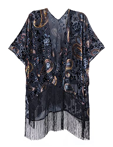 Image of MJ SERECA Women's Burnout Velvet Kimono Cardigan Cover Up with Tassel